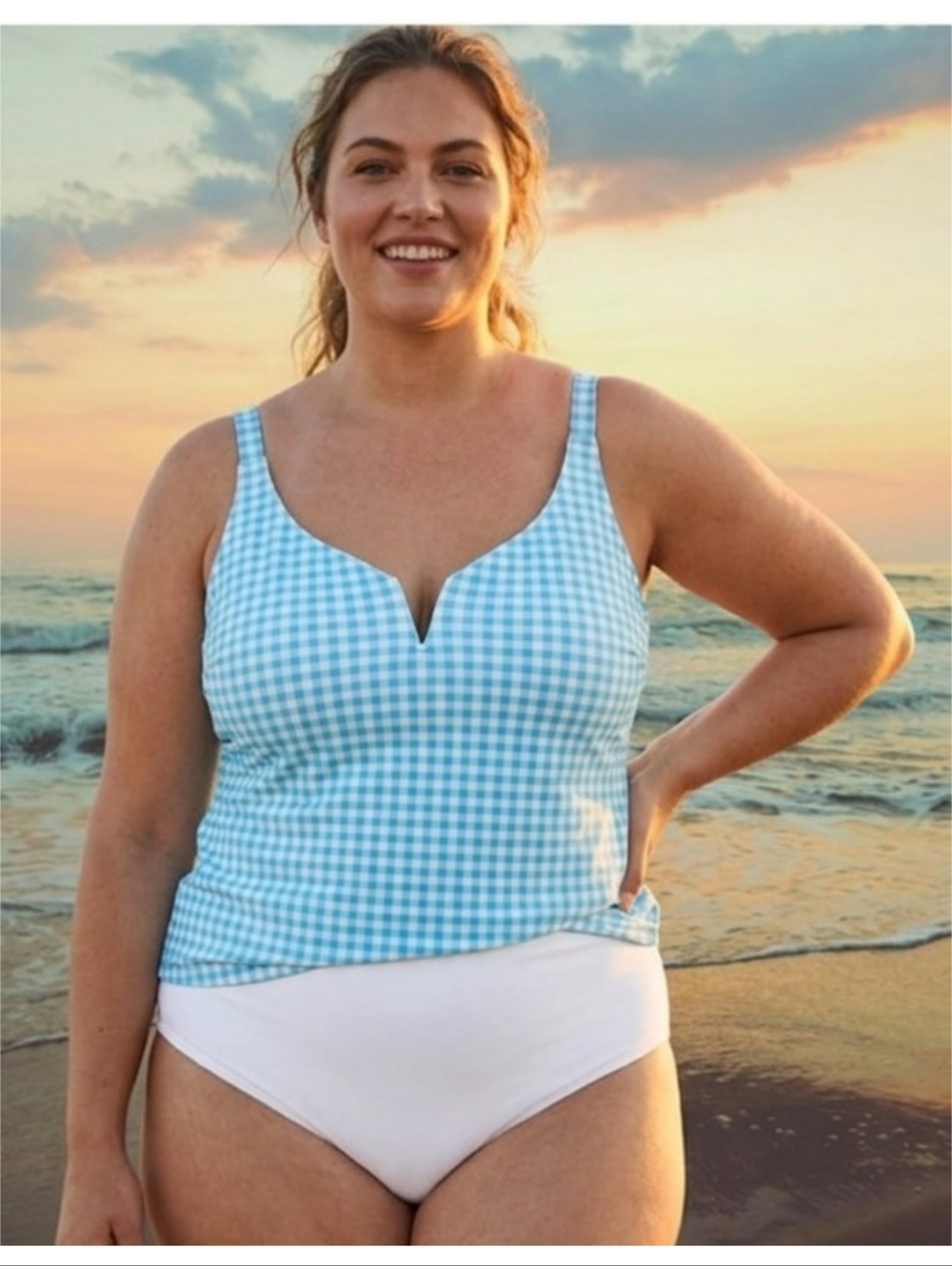 Lands' End Paradise Aqua Gingham Tankini Top Size 22W